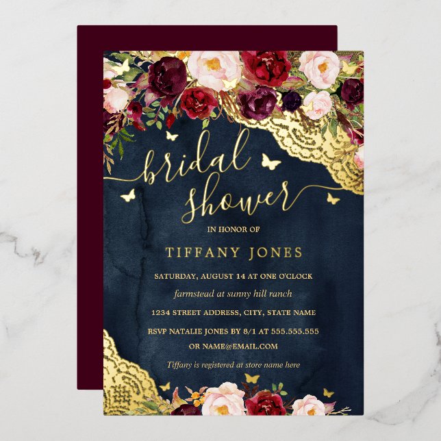 Floral Burgundy Navy Gold Lace Bridal Shower  Foil Invitation (Front/Back)