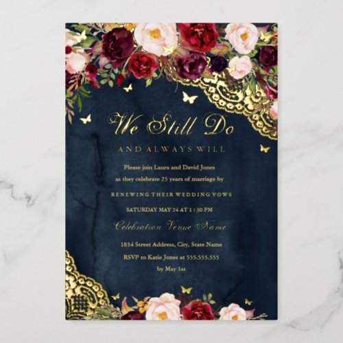 Floral Burgundy Navy Gold Lace Vow Renewal Foil Invitation