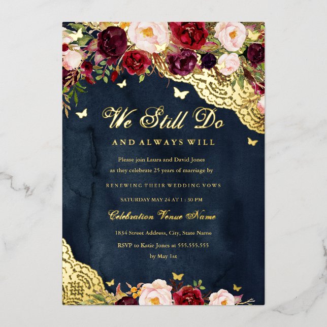 Floral Burgundy Navy Gold Lace Vow Renewal Foil Invitation (Front)