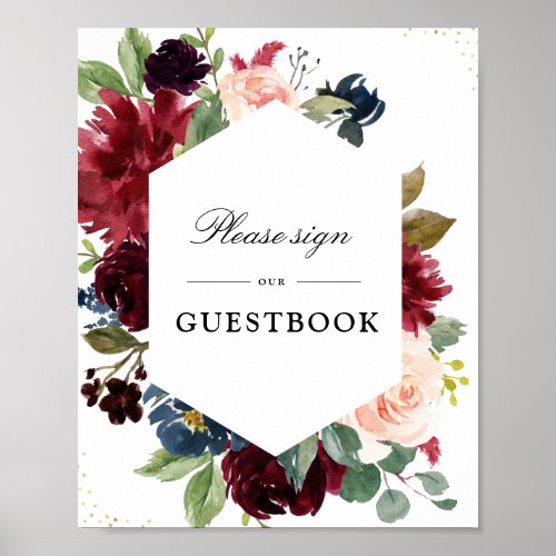 Floral Burgundy  Navy guestbook wedding sign