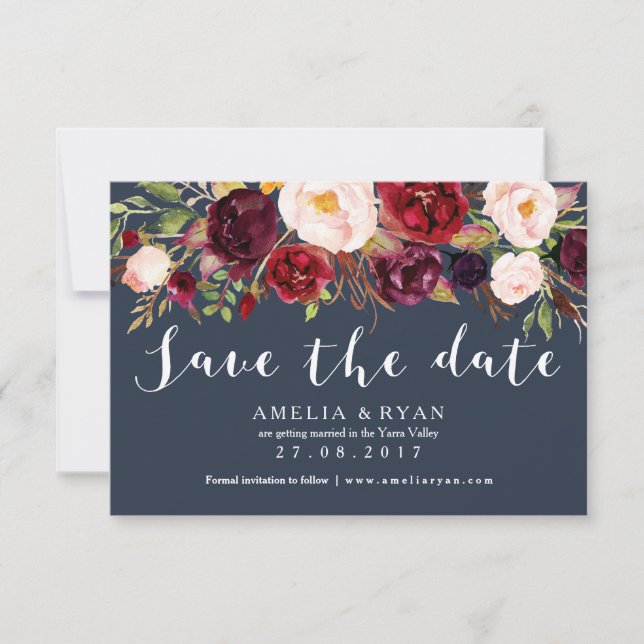 Floral Burgundy Navy Save the Date Card (Front)