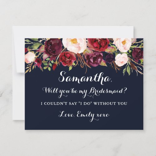 Floral Burgundy Navy Will You Be My Bridesmaid Invitation