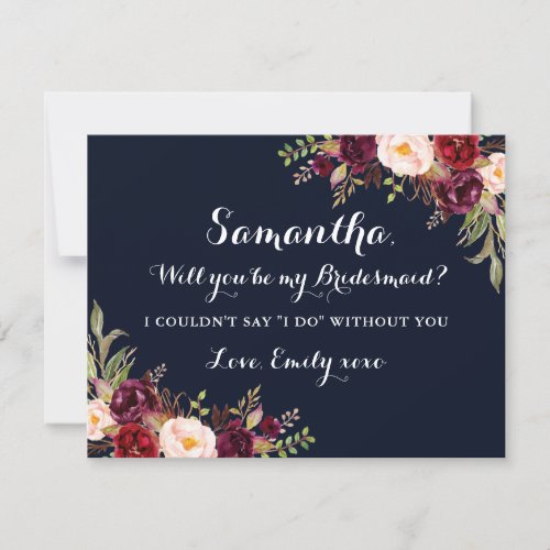 Floral Burgundy Navy Will You Be My Bridesmaid Invitation