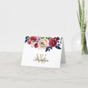 Floral Burgundy Peach Navy Botanical Monogram Thank You Card