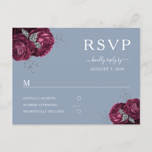 Floral Burgundy Peonies Dusty Blue Wedding RSVP Postcard