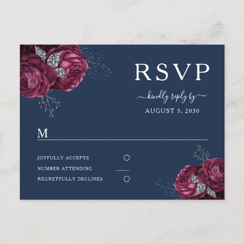 Floral Burgundy Peonies Navy Blue Wedding RSVP Postcard