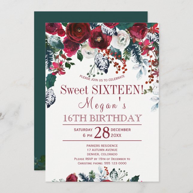 Floral burgundy pine green winter sweet sixteen invitation (Front/Back)