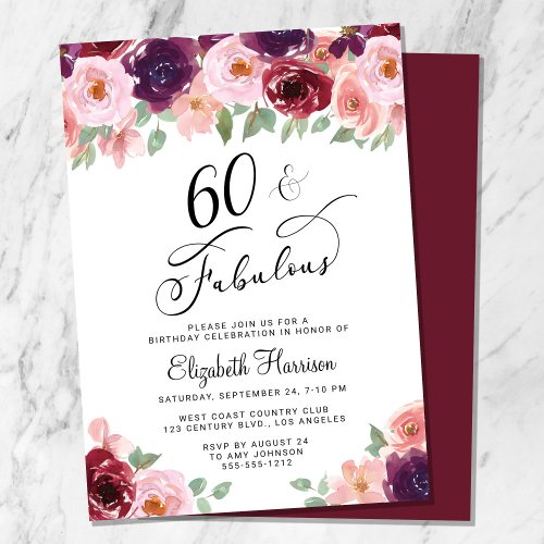 Floral Burgundy Pink 60th Birthday Party Invitation