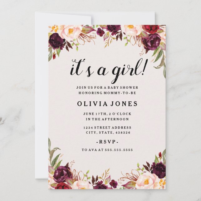 Floral Burgundy Pink Baby Shower Invitation (Front)