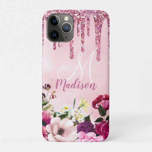 Floral Burgundy pink dripping glitter monogram iPhone 11 Pro Case