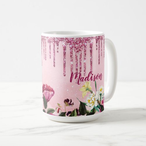 Floral Burgundy pink dripping glitter monogram Coffee Mug