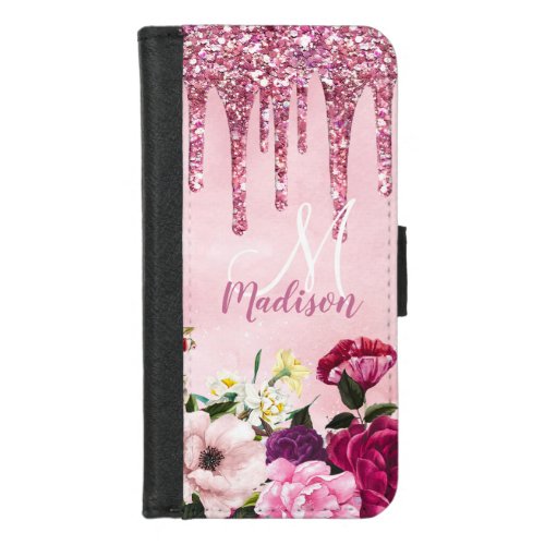 Floral Burgundy pink dripping glitter monogram iPhone 87 Wallet Case