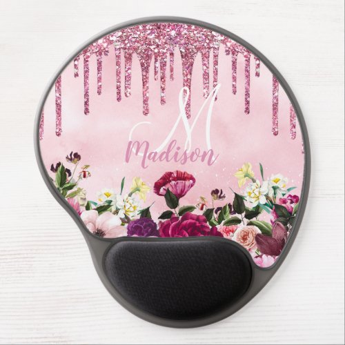 Floral Burgundy pink dripping glitter monogram Mou Gel Mouse Pad