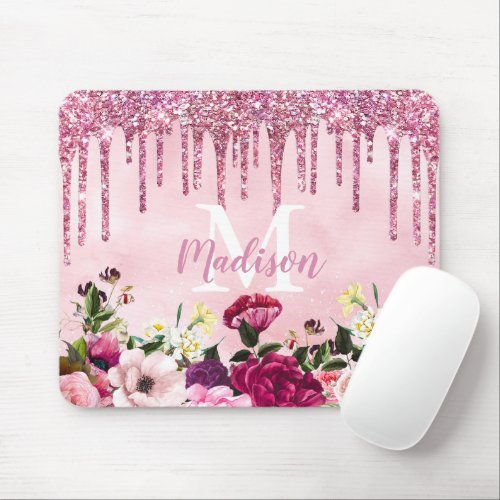 Floral Burgundy pink dripping glitter monogram Mouse Pad