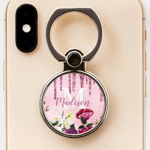 Floral Burgundy pink dripping glitter monogram Phone Ring Stand