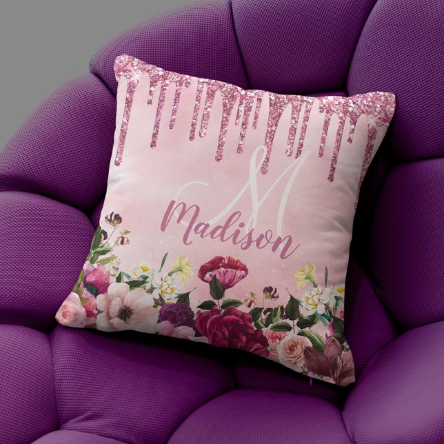 Floral Burgundy pink dripping glitter monogram Throw Pillow (Creator Uploaded)
