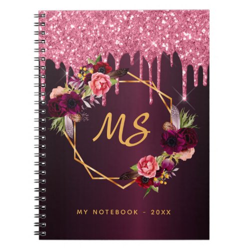 Floral burgundy pink glitter drips name monogram notebook