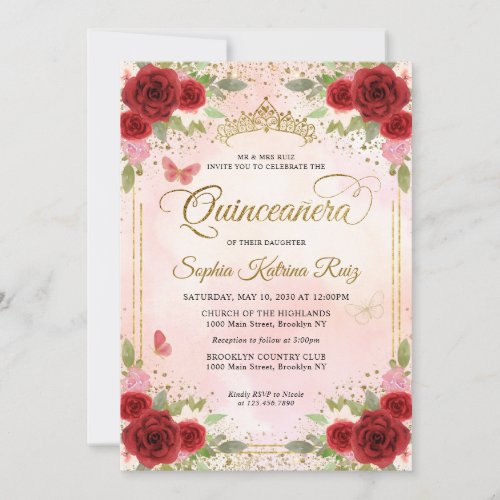 Floral Burgundy Pink Gold Crown Quinceaera Invitation
