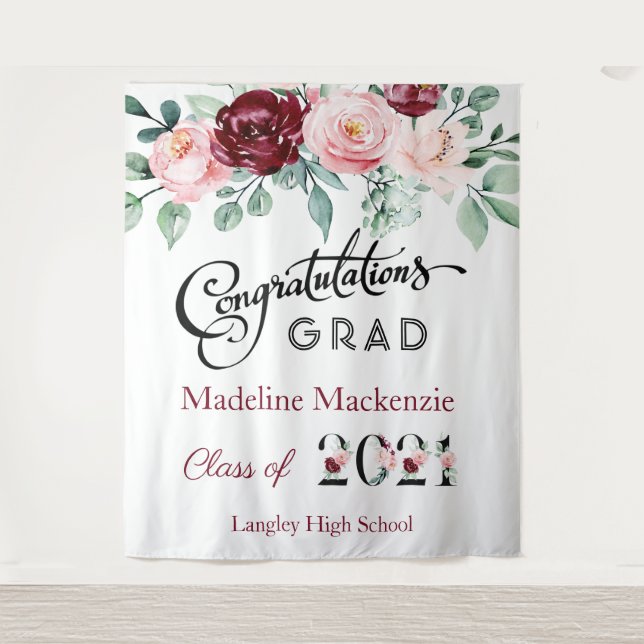 Floral Burgundy Pink Graduation 2021 Backdrop (Front)