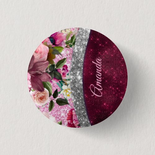 floral Burgundy pink silver faux glitter monogram Button