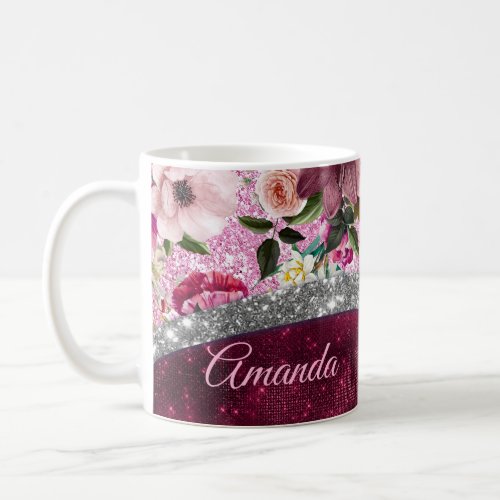 floral Burgundy pink silver faux glitter monogram Coffee Mug