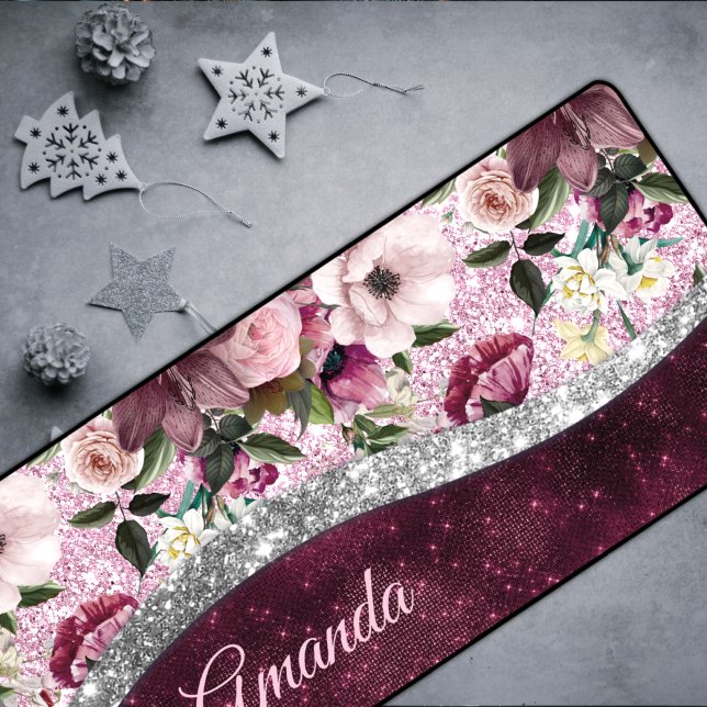 floral Burgundy pink silver faux glitter monogram Desk Mat (Creator Uploaded)