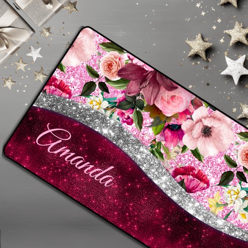 floral Burgundy pink silver faux glitter monogram Desk Mat