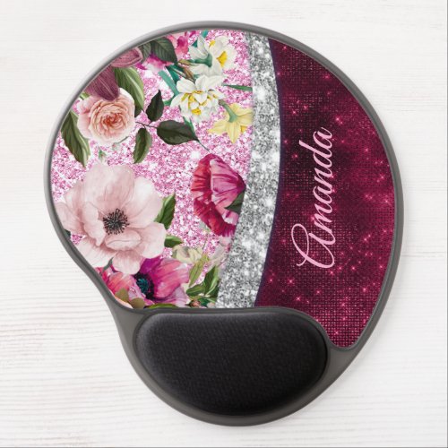 floral Burgundy pink silver faux glitter monogram Gel Mouse Pad
