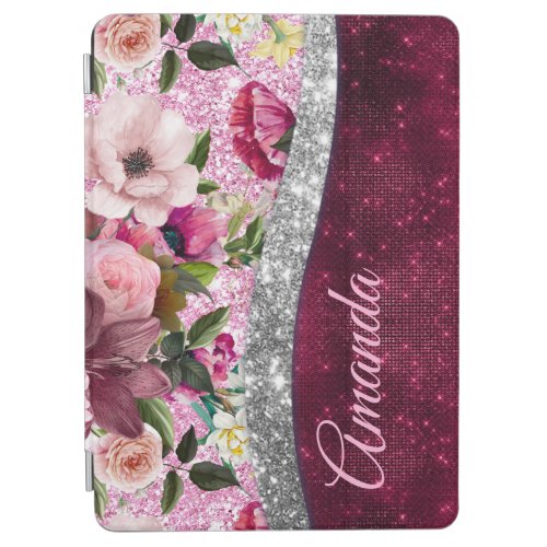 floral Burgundy pink silver faux glitter monogram iPad Air Cover