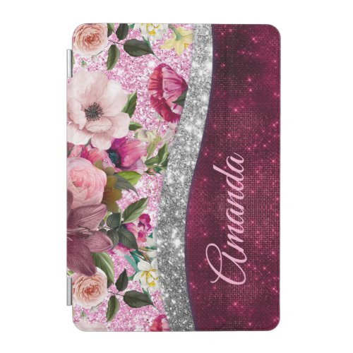 floral Burgundy pink silver faux glitter monogram  iPad Mini Cover