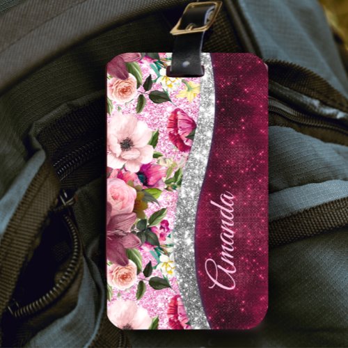 floral Burgundy pink silver faux glitter monogram Luggage Tag