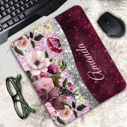 floral Burgundy pink silver faux glitter monogram Mouse Pad