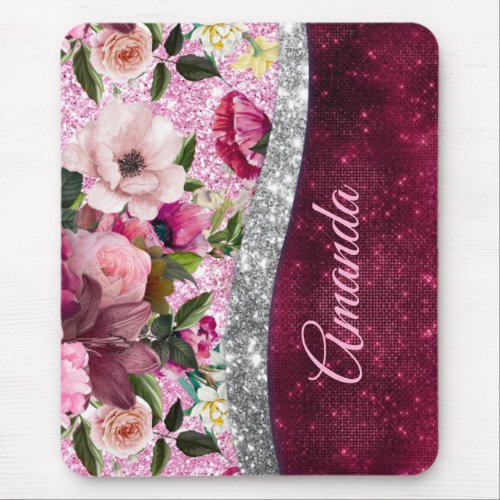 floral Burgundy pink silver faux glitter monogram Mouse Pad