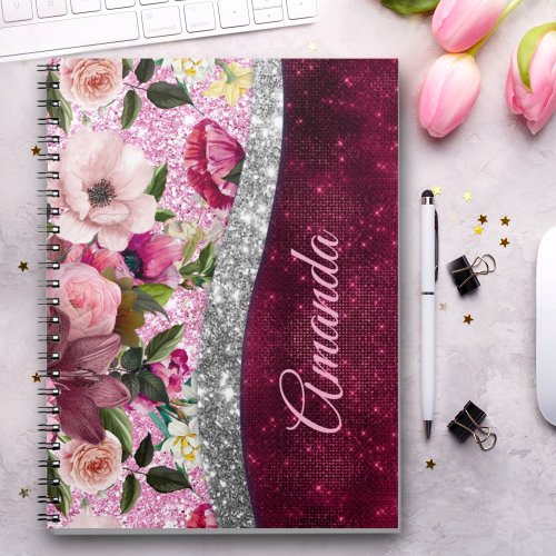 floral Burgundy pink silver faux glitter monogram Notebook