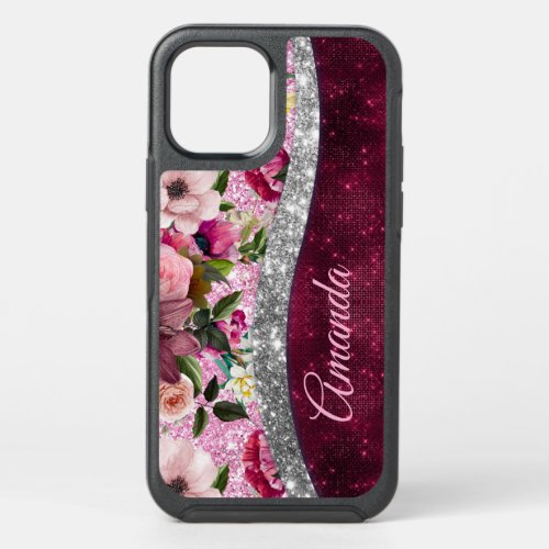 floral Burgundy pink silver faux glitter monogram OtterBox Symmetry iPhone 12 Pro Case
