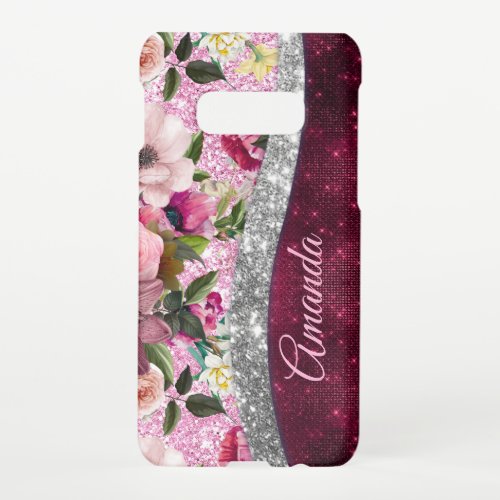 floral Burgundy pink silver faux glitter monogram  Samsung Galaxy S10E Case