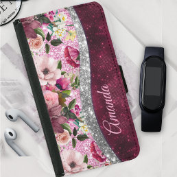 floral Burgundy pink silver faux glitter monogram  Samsung Galaxy S5 Wallet Case