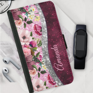 floral Burgundy pink silver faux glitter monogram  Samsung Galaxy S5 Wallet Case