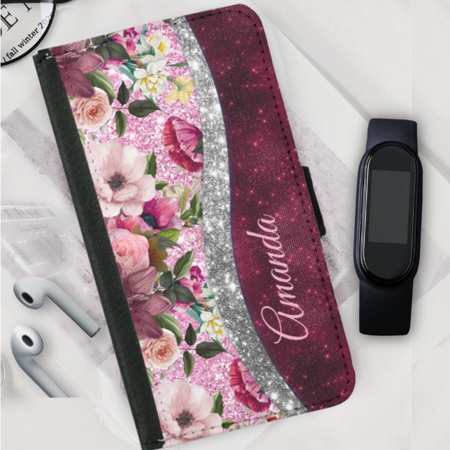 floral Burgundy pink silver faux glitter monogram  Samsung Galaxy Wallet Case (Creator Uploaded)
