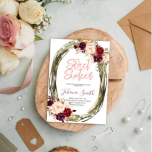 Floral Burgundy Pink Sweet Sixteen 16th Birthday Invitation