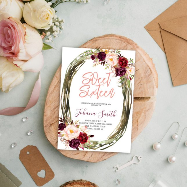 Floral Burgundy Pink Sweet Sixteen 16th Birthday Invitation (Creator Uploaded)