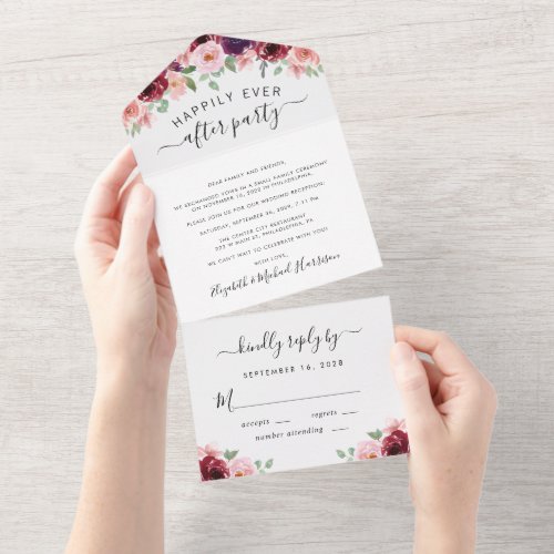 Floral Burgundy Pink Watercolor Wedding Reception All In One Invitation