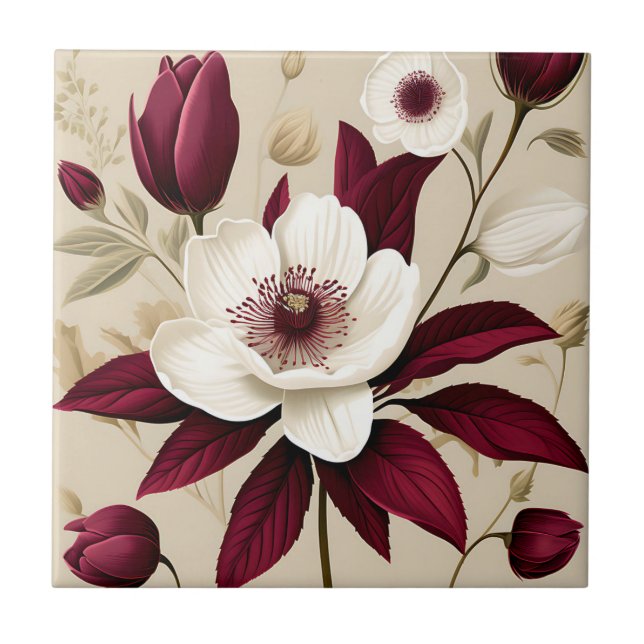 Floral Burgundy Plant Botanical Ceramic Tile (Front)