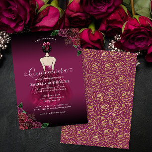 Floral Burgundy Princess Gold Birthday Quinceañera Invitation