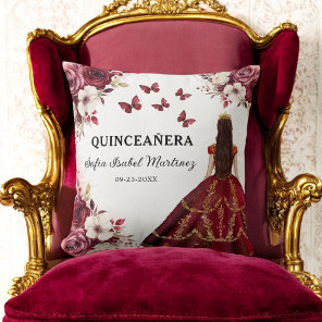 Floral Burgundy Princess Quinceanera Birthday Throw Pillow