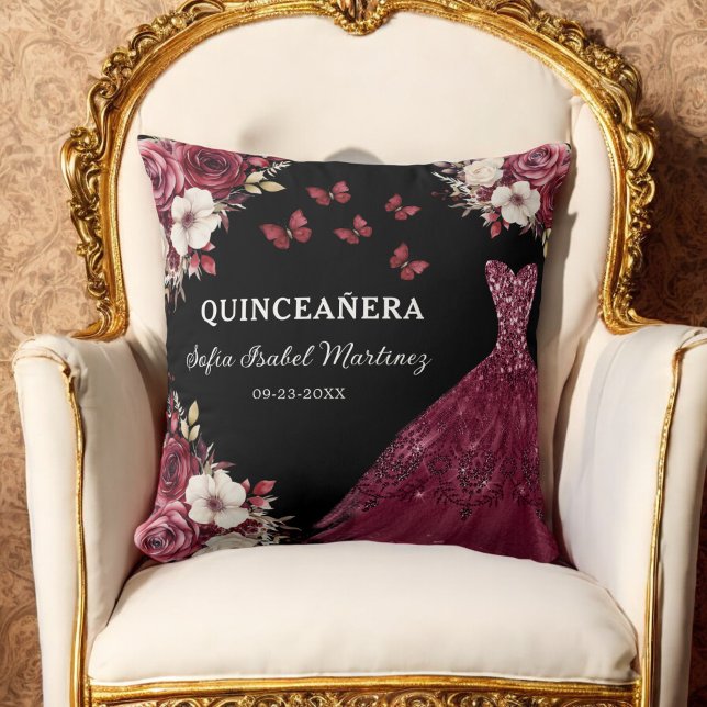 Floral Burgundy Princess Quinceanera Birthday Throw Pillow (Creator Uploaded)