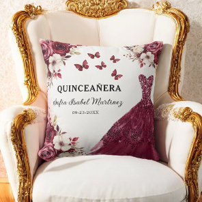 Floral Burgundy Princess Quinceanera Birthday Throw Pillow