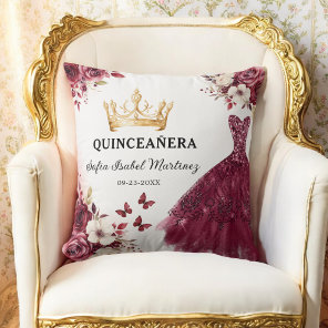 Floral Burgundy Princess Quinceanera Birthday Throw Pillow