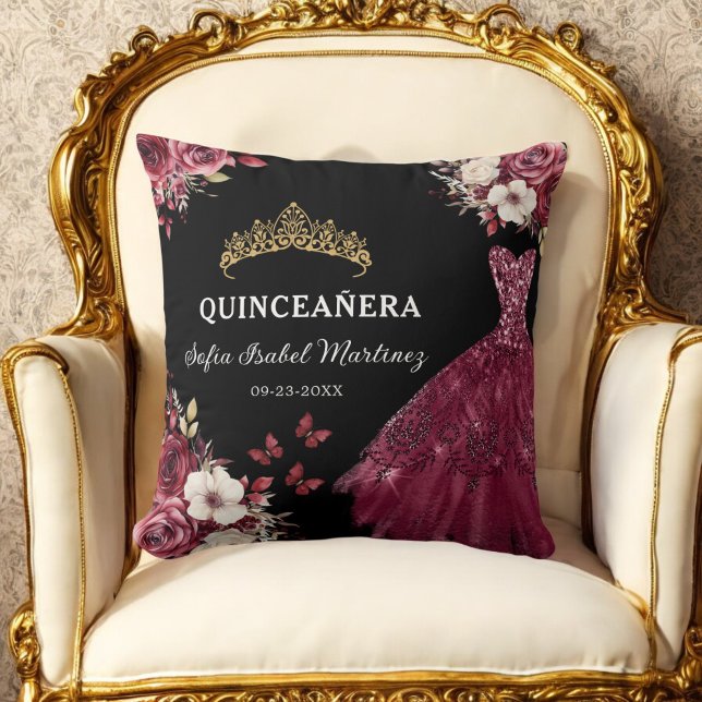 Floral Burgundy Princess Quinceanera Birthday Throw Pillow (Creator Uploaded)