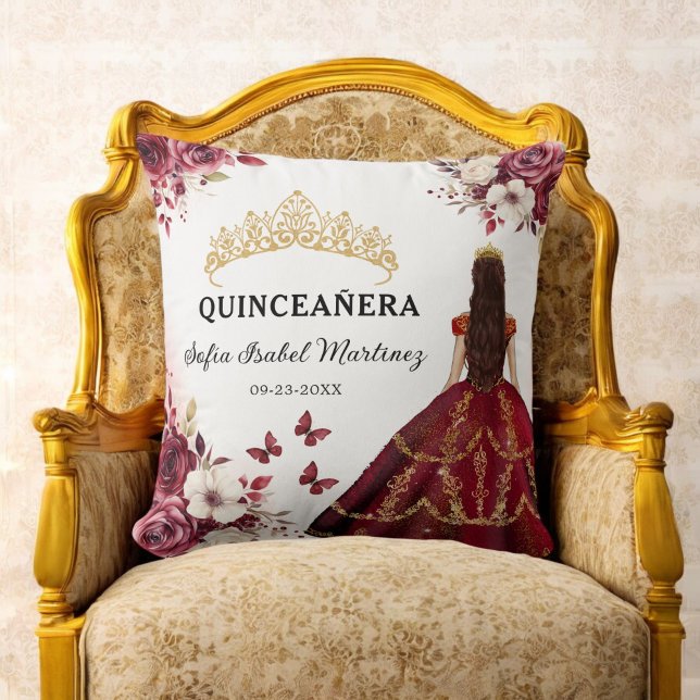 Floral Burgundy Princess Quinceanera Birthday Throw Pillow (Creator Uploaded)
